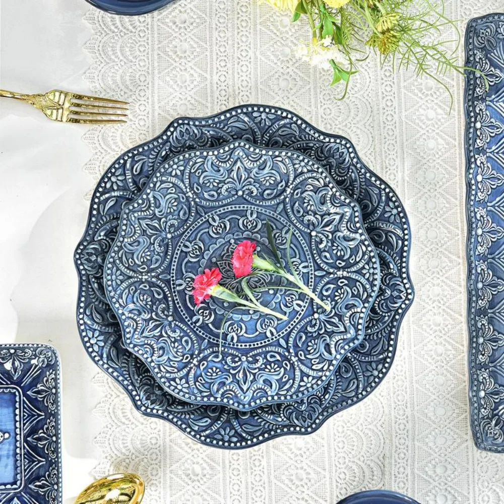 

Porcelain Dinner Plates Bento for Sophisticated Ceramic Embossed Stoneware Fine Dining Dinnerware 8.5 11 Inch
