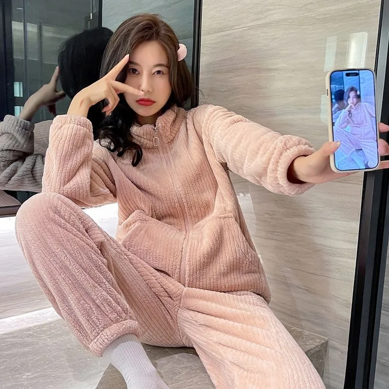 2023 New Coral Velvet Pajamas Autumn Winter Women Loungewear Plushing Thicken Sleepwear Warm Zipper Sports Flannel Homewear Set