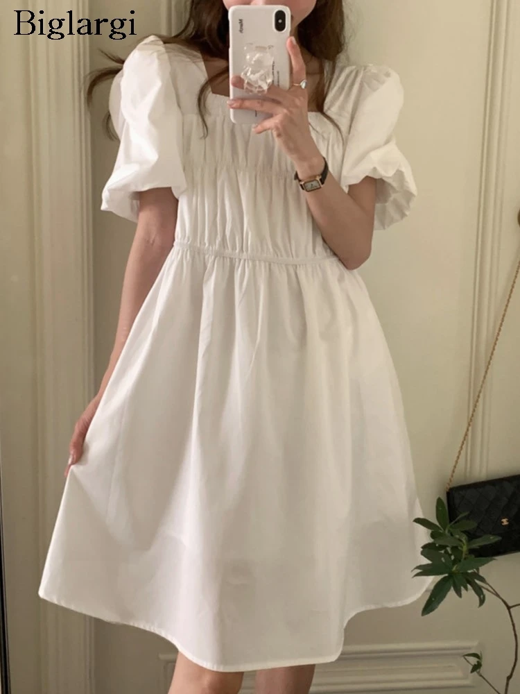 

Летнее женское мини-платье с оборками, модные женские платья с коротким рукавом и квадратным вырезом, свободное Плиссированное корейское женское платье