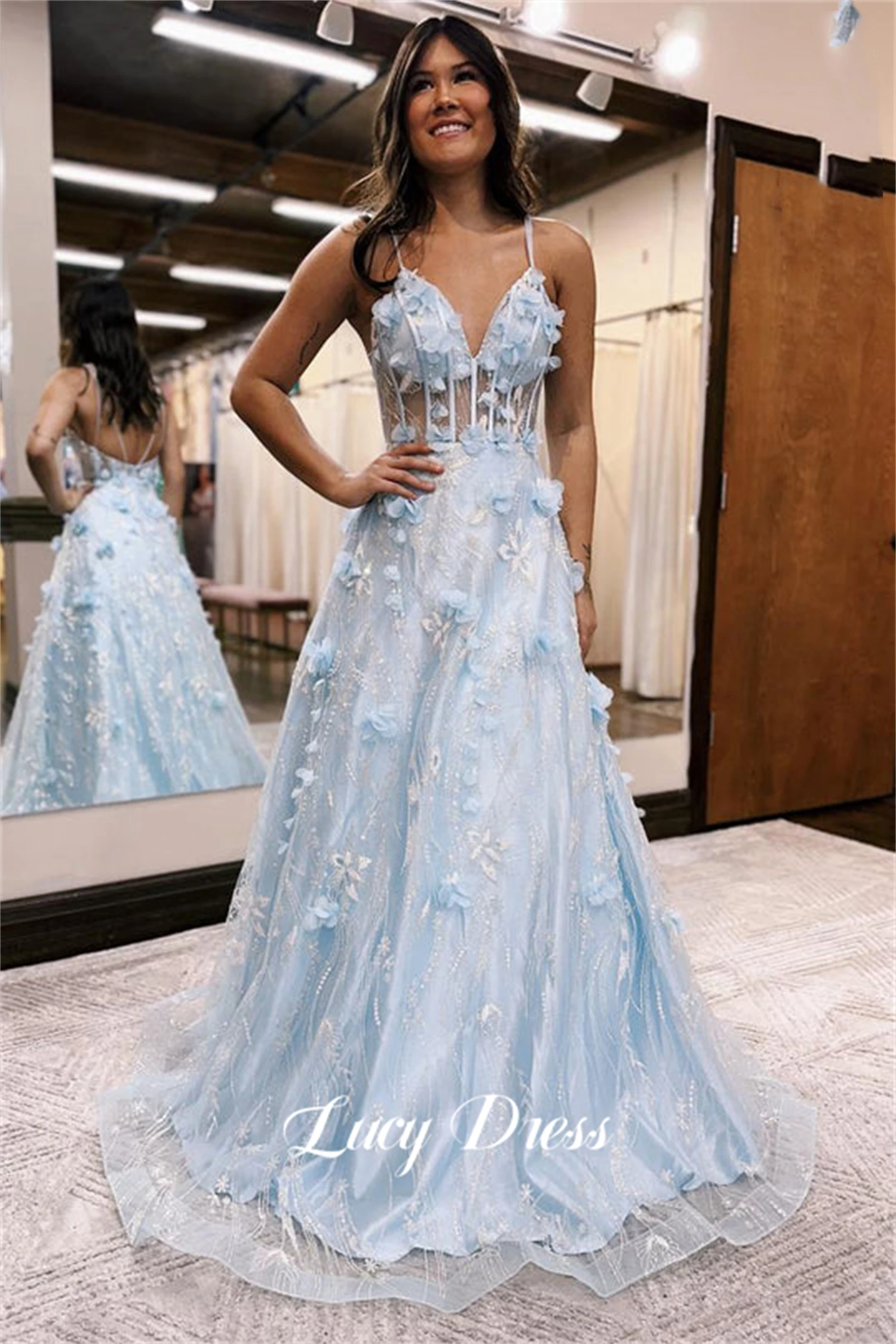 

Lucy Sky Blue Party Dress Ball Gown 3D Flower Decoration Line A V-neck Suitable Dresses on Request Robe Soiree De Luxe 2024