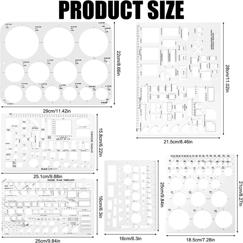 6Pcs Circle Template For Drafting, Geometric Shape Stencils Circle Square Measuring Ruler For Building Formwork Drawing