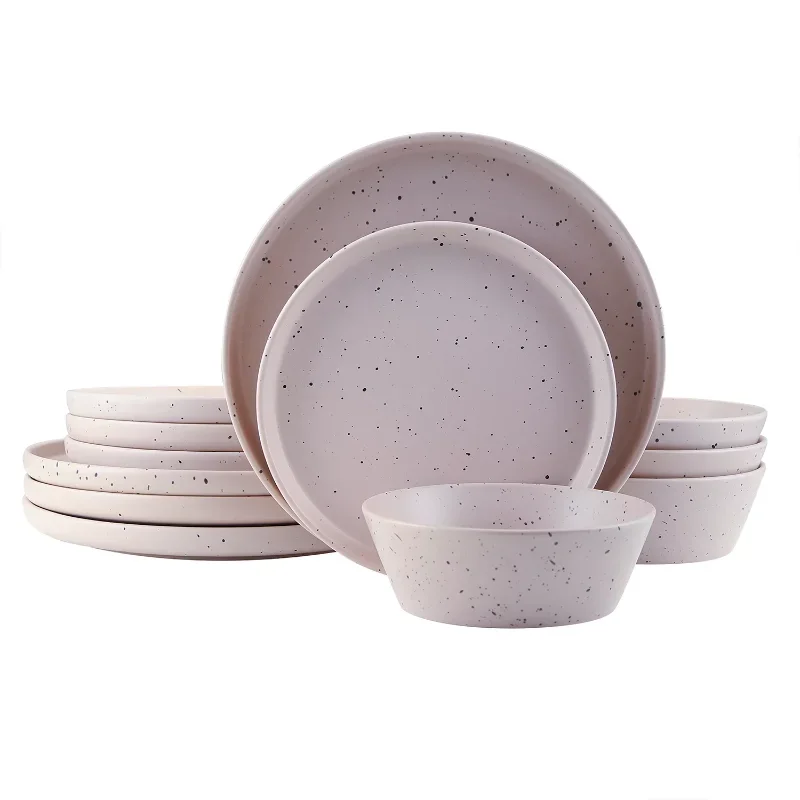 

LISM Jessica Stoneware 12-Piece Round Dinnerware Set, Taupe Cute Plate