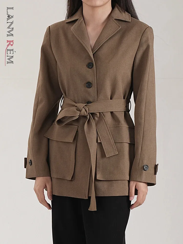

[LANMREM] Belt Gathered Waist Women's Blazer Notched Single Breasted Big Pockets Suit Jackets Autumn 2024 New Tide CPDB212