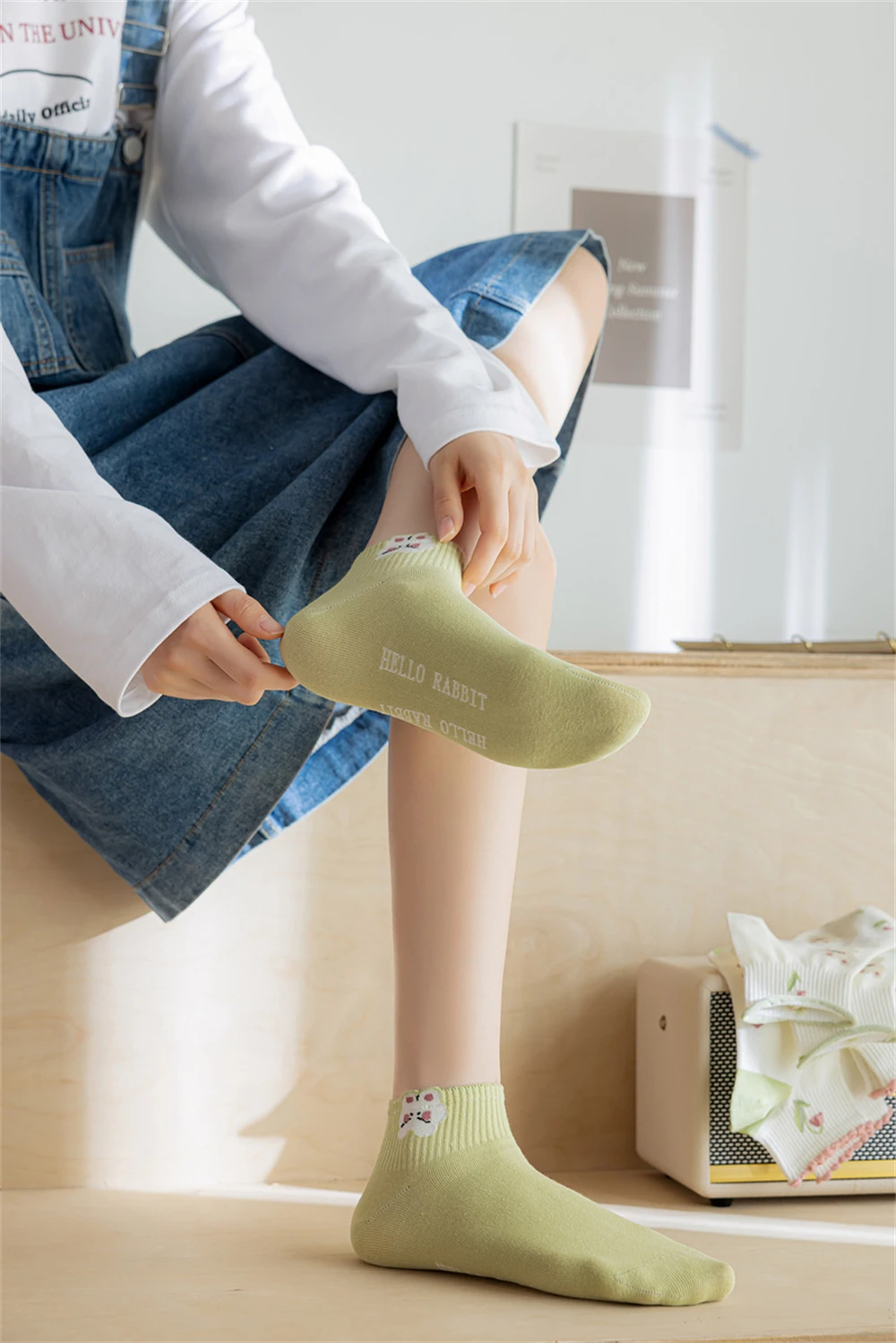 Neue Damen-Sommer-Fruchtsocken, grün, frisch, niedliches Kaninchen, Blume, gekräuselter Rand, künstlerisch, Dropship – Detail 8