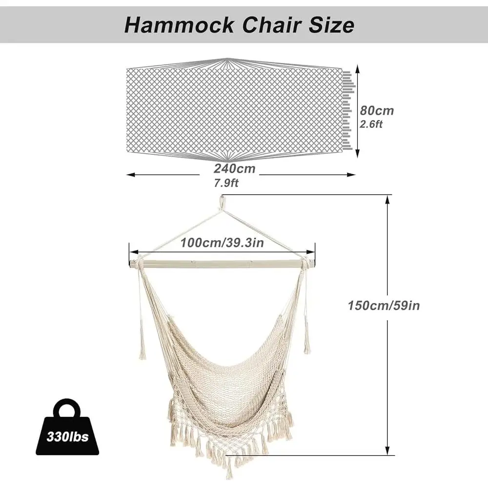 Hammock Chair Hanging Swing Chair Soft Cotton Rope Indoor Outdoor High Load-Bearing Metal Bar Comfortable Relaxing Easy Setup 5