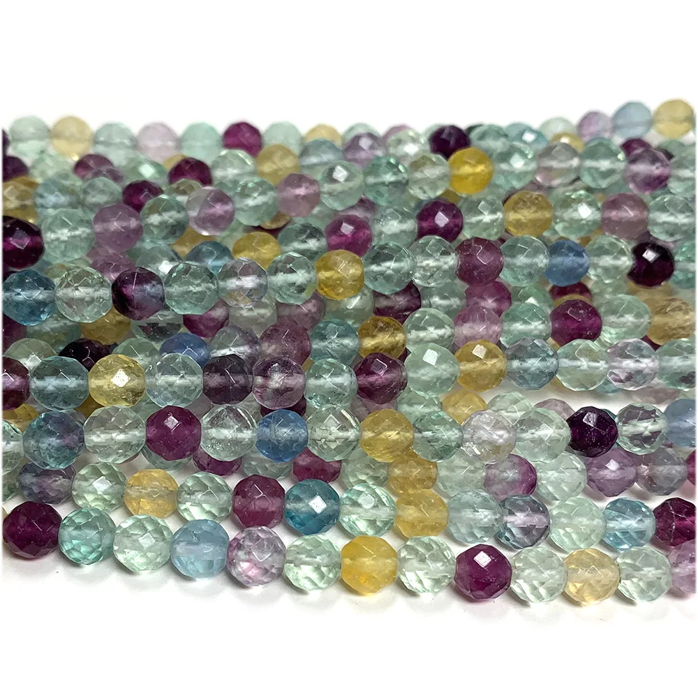 Veemake Natural Fluorite Round Faceted Multi Color Clear Loose Beads 08114