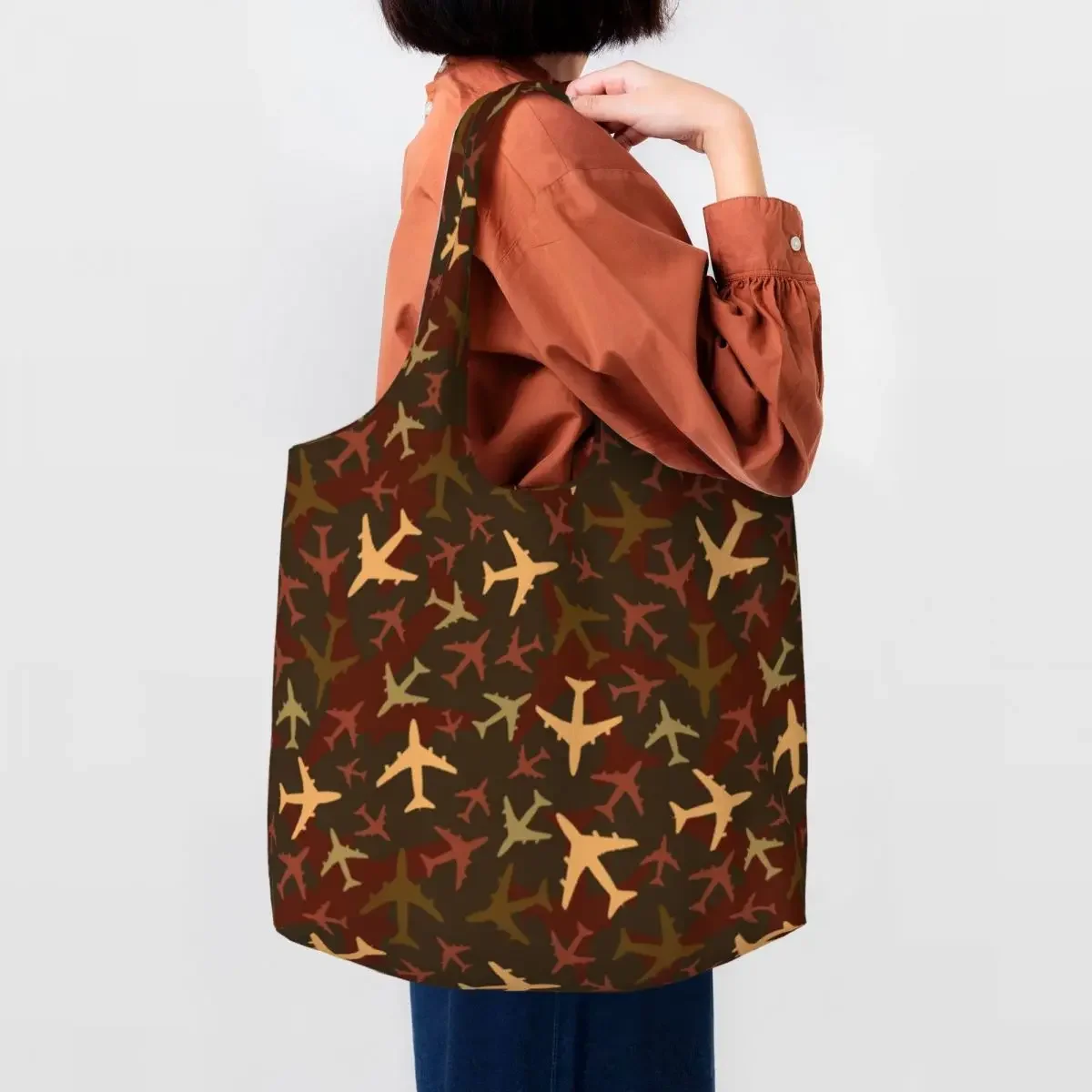 

Aviation Airplane Camouflage Grocery Shopping Bag Canvas Shopper Shoulder Tote Big Capacity Portable Pilot Fighter Handbag