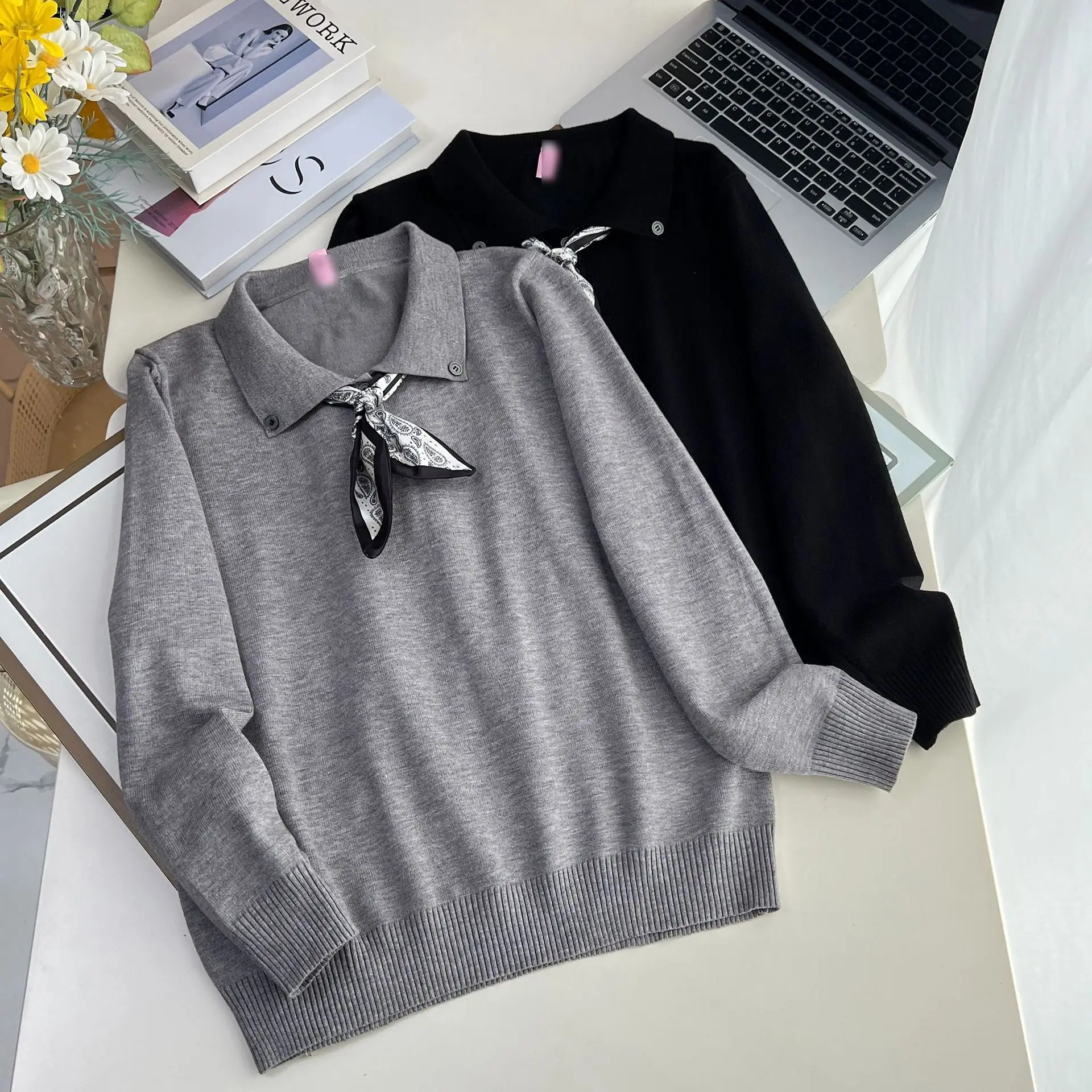 XXXXL Fashion Plus Size Women's Sweater New Stylish Peter Pan Collar With Bow Tie Knitted Jumpers For 2025 Autumn Casual