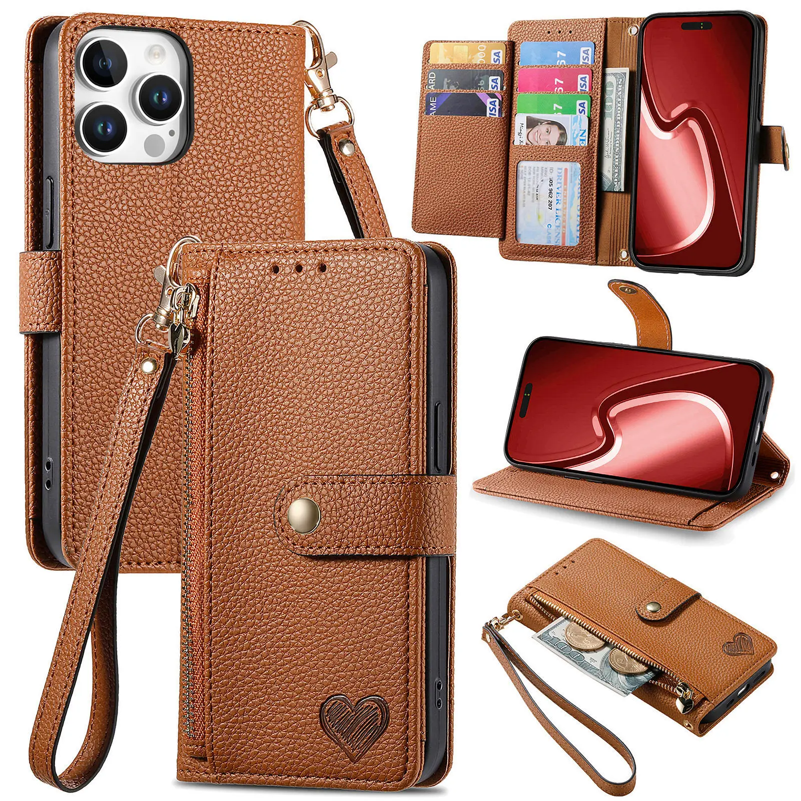 Versatile Kickstand Crossbody Wallet Case with Lanyard and Wrist Strap Featuring Card Holder Protection