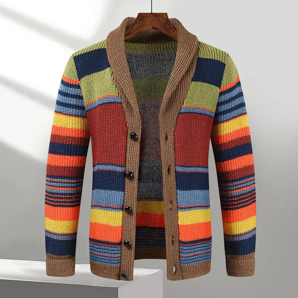 Cozy Men Jacket Stylish Men's Knitted Color Matching Striped Cardigan Fall Winter Sweater Coat with Casual Buttons Lapel Loose