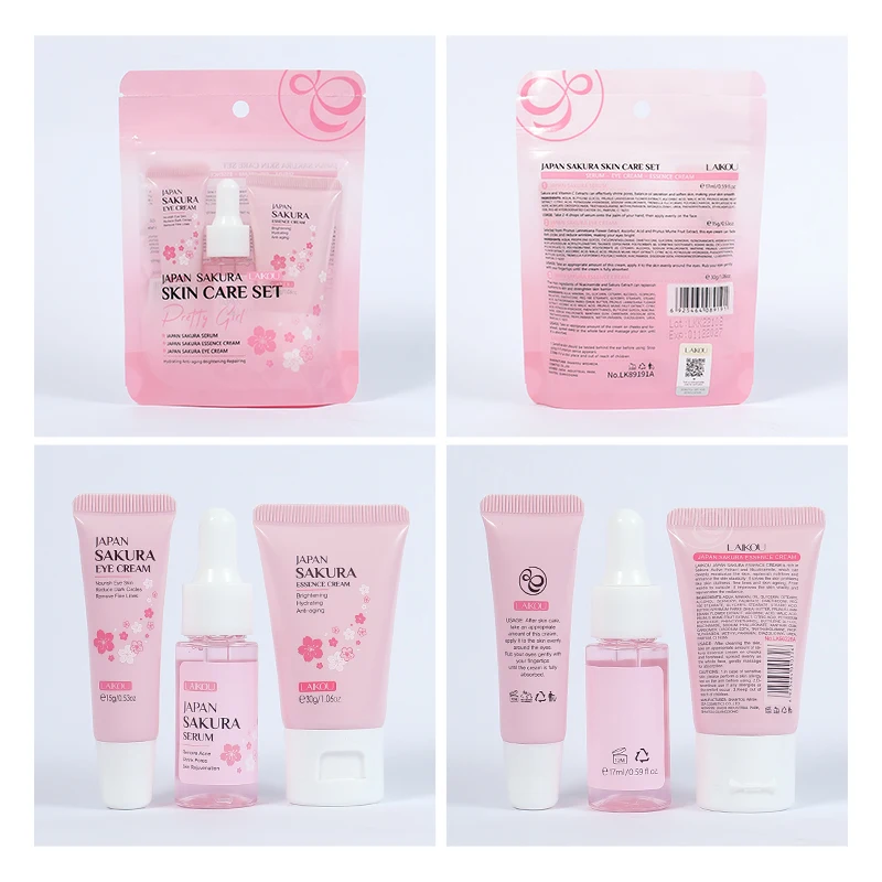 LAIKOU Sakura Brightening Facial Serum Lighten Blemishes Cream Reduce Wrinkles Moisturizer 3pcs/Set