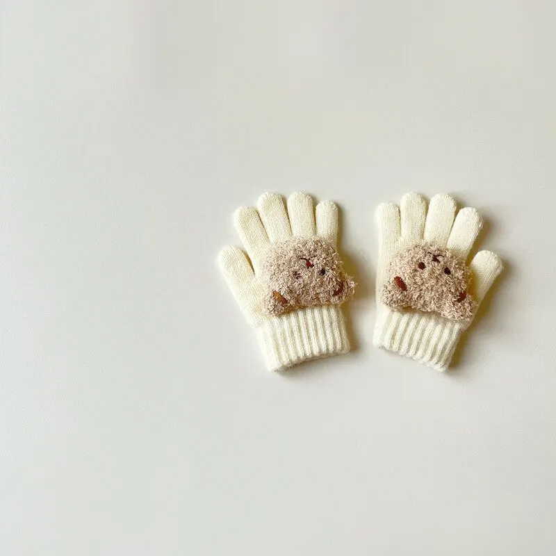 Cartoon Bear Baby Knitted Gloves Autumn Winter Warm Full Finger Mittens for Boys Girls Solid Color Soft Comfortable Cute Childre