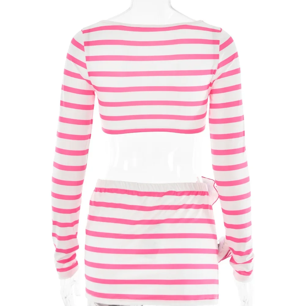 Beach Outing Clothing Women Clothes for Summer 2024 New Stripe Mosaic Flowers Street Spice Long Sleeve Hollow Out Skirt Suit