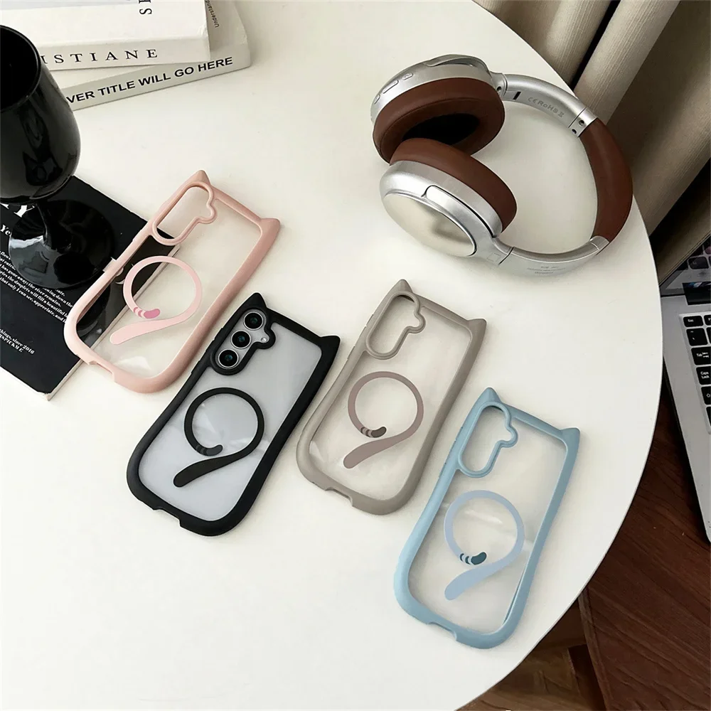 Chic Magnetic Cat Ear Transparent Phone Case with Wireless Charging Compatibility