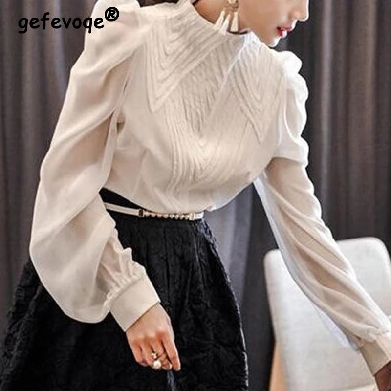 

Spring Summer Office Lady Stand Collar Elegant Fashion Chiffon Shirt Femme Long Sleeve Solid All-match Pullover Top Women Blouse