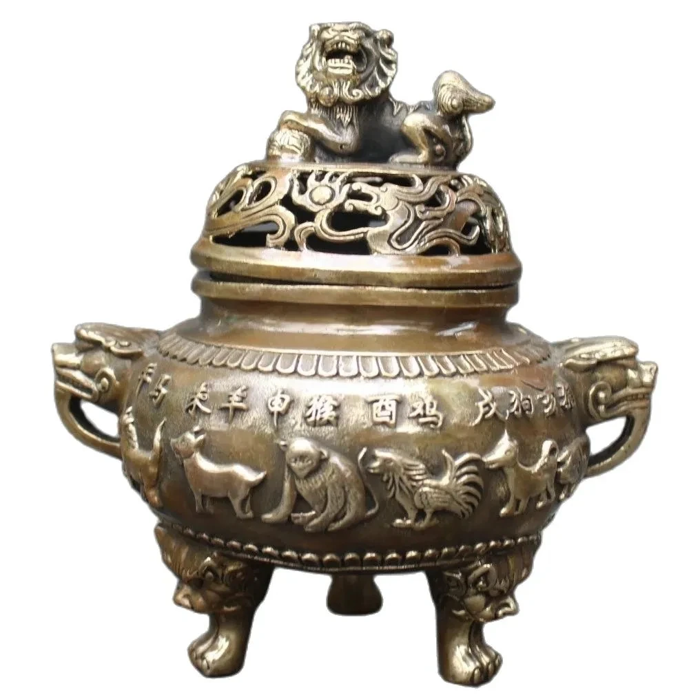 

14 cm/China Bronze Lion Beast Head 12 Zodiac Animal Incense Burner metal handicraft family decorations incense Burner