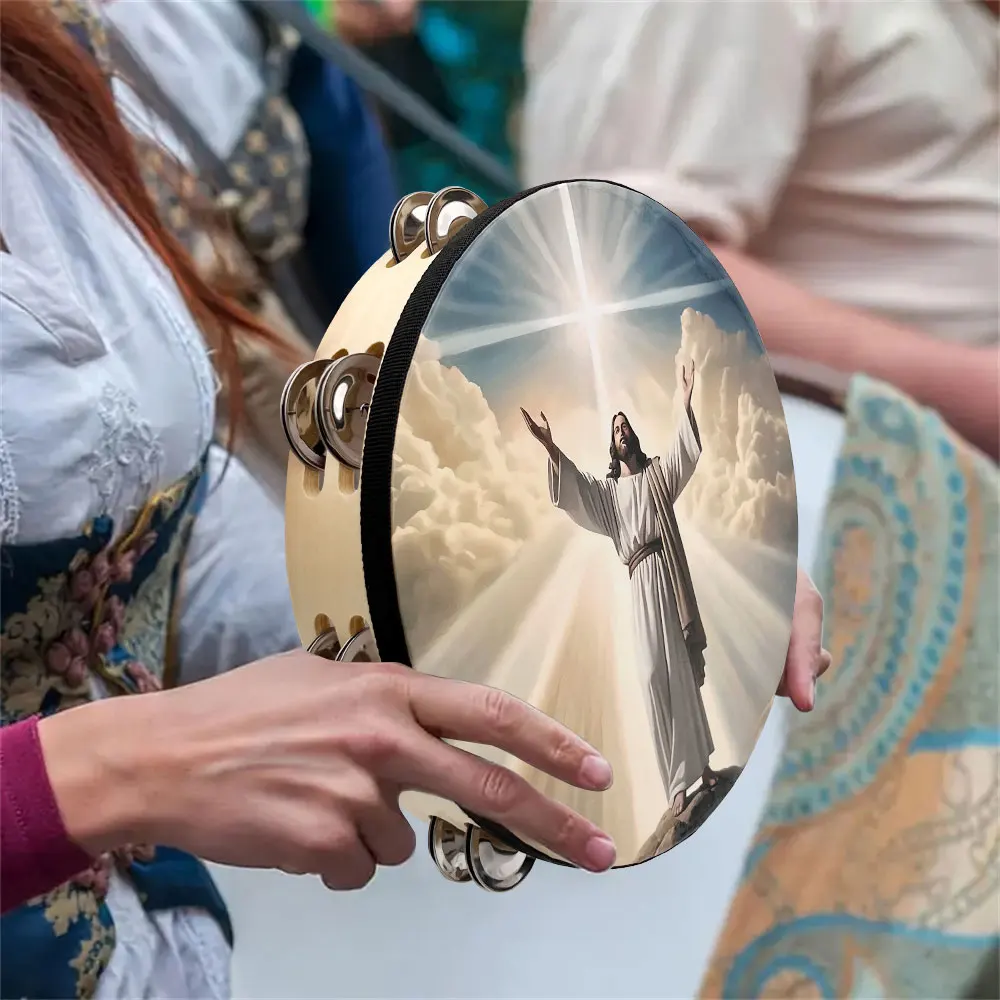 8/10 inch Jesus Tambourine Double Row Jingle Tambourine for Adults, Handbell Clap Drum for Party Musical Instrument
