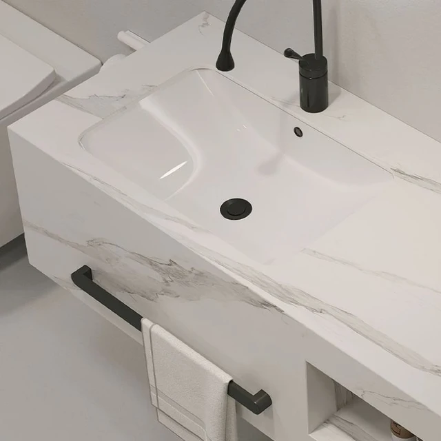 อ่างล้างหน้าติดผนังคุณภาพสูง ทำจากหินอ่อนเผา ป้องกันน้ำ พร้อมกระจกและตู้ 3