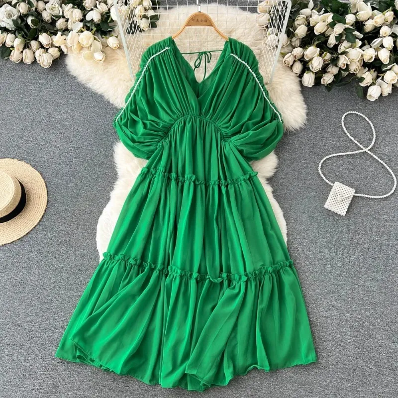 

Women Sexy Female Vintage Pleated V Neck Green Skirt Stunning Summer Party Casual Clubwear Short Sleeve Elegant Dress