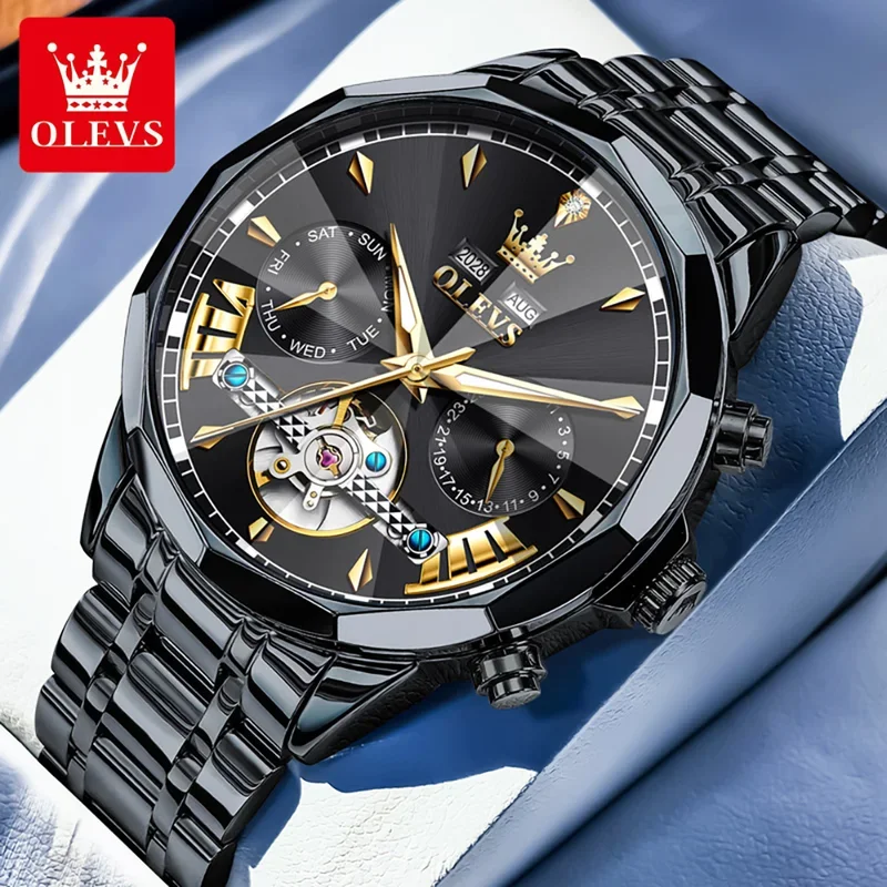 OLEVSBrand Skeleton Waterproof Men's automatic Mechanical Watch Prismatic Dial Stainless steel Luminous Male Wristwatch 6619
