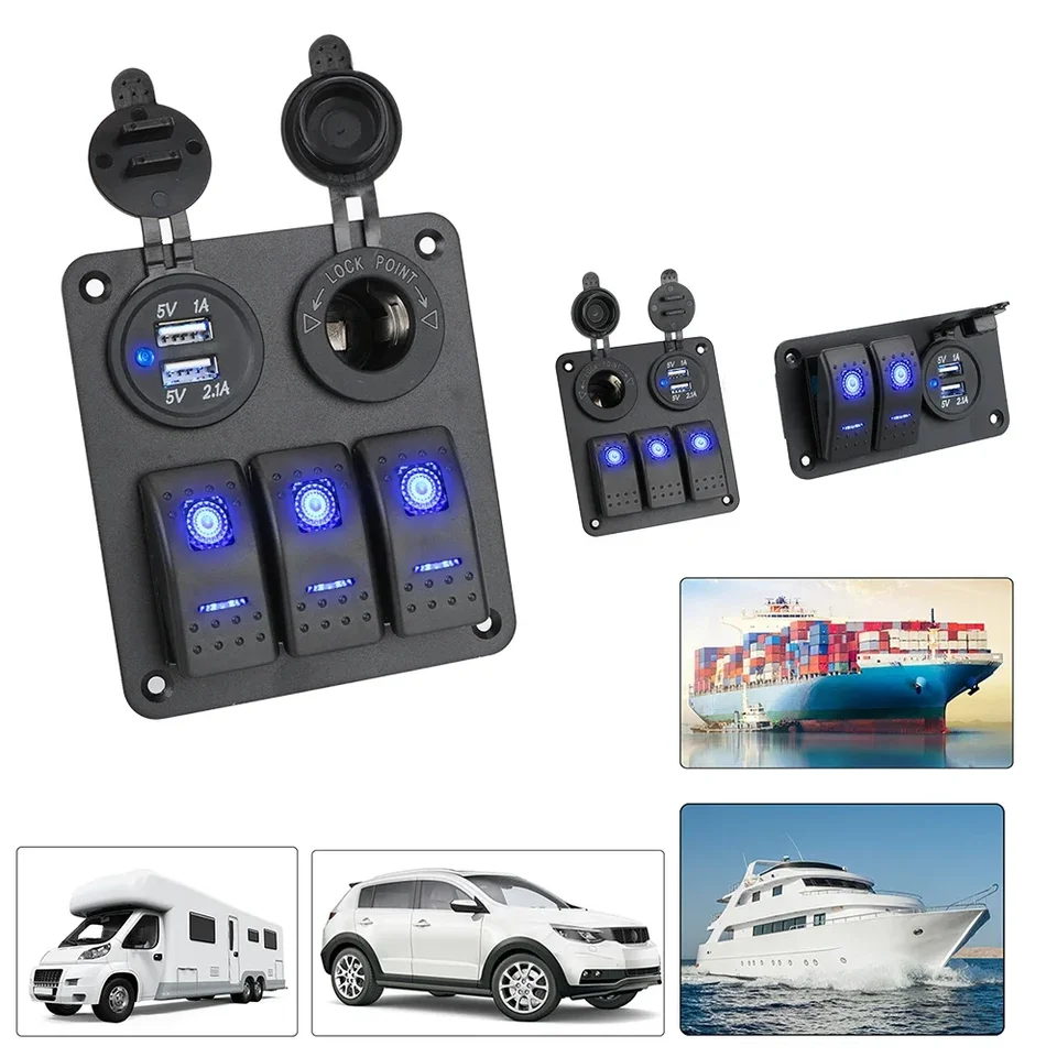 KAOLALI Pannello Interruttori 8 Gang 12V/24V, Interruttore a Levetta Impermeabile Porta caricatore USB 4.2A + Accendisigari + Voltmetro per Camper Roulotte Barche LED Blu