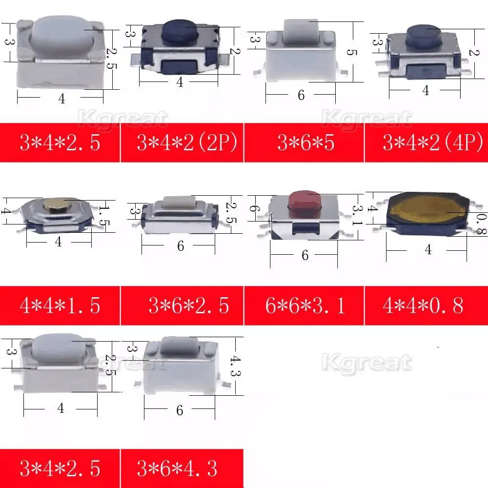 Boutons tactiles micro interrupteur pour réparation télécommande voiture RC, disposés en rangée avec variété de couleurs.
