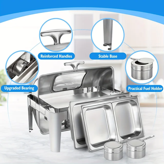 Stainless Steel Roll-Top Chafing Dish Set - 9Qt Capacity, Easy Clean & Durable Buffet Server For Parties, Includes 1/2 Size Pans 5