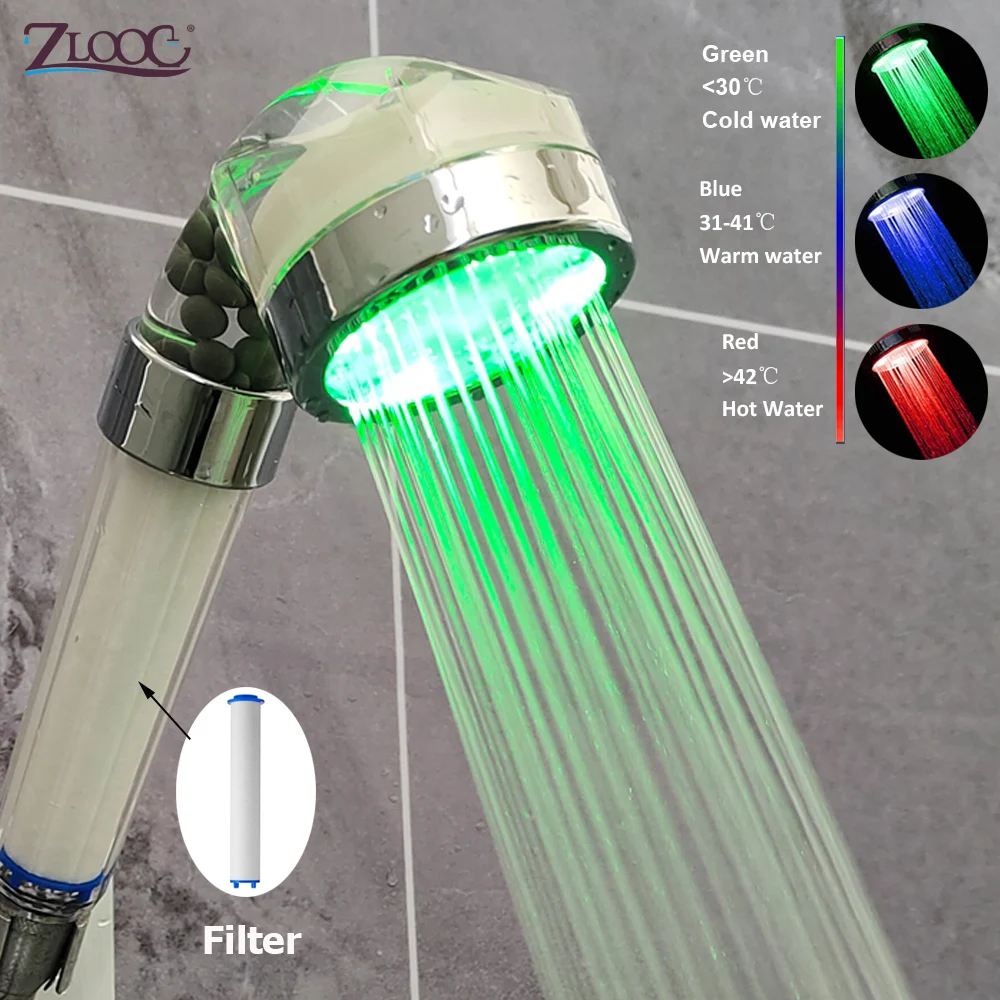 

High Pressure Shower Head LED Colorful Lights Bathroom Handheld Shower Anion Filter Water Mineral Balls Showerhead