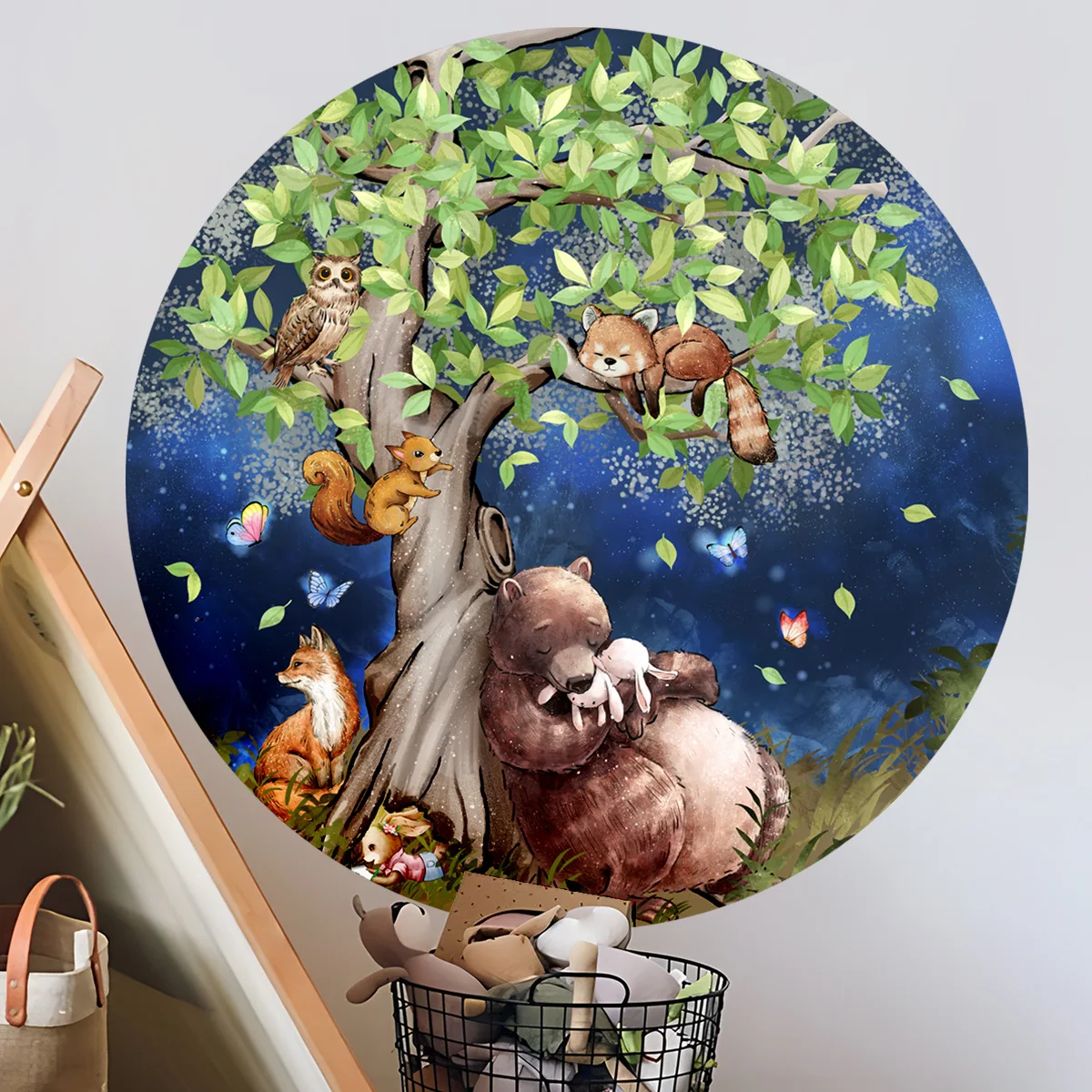 

Cartoon Animals Wall Stickers Big Tree Round Circle Decals Fox Bear Owls Squirrel Home Self-adhesive Mural Decoration Art
