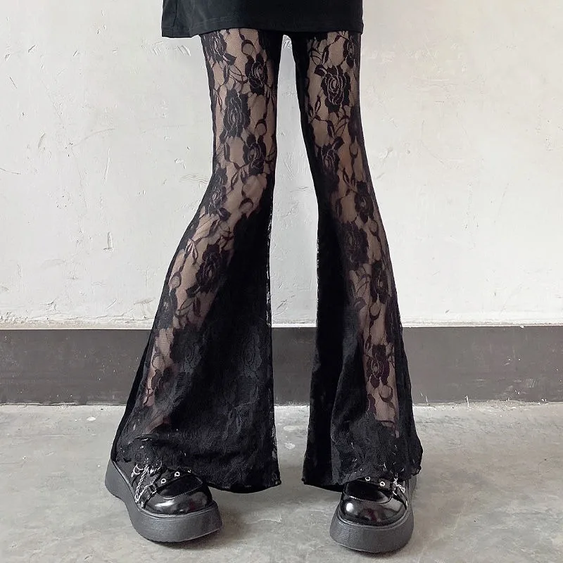 

Deeptown Y2k Lace Sexy Sheer Pants Women Sexy Coquette Vintage Goth Korean Fashion Black Trouser High Waist Streetwear Aesthetic