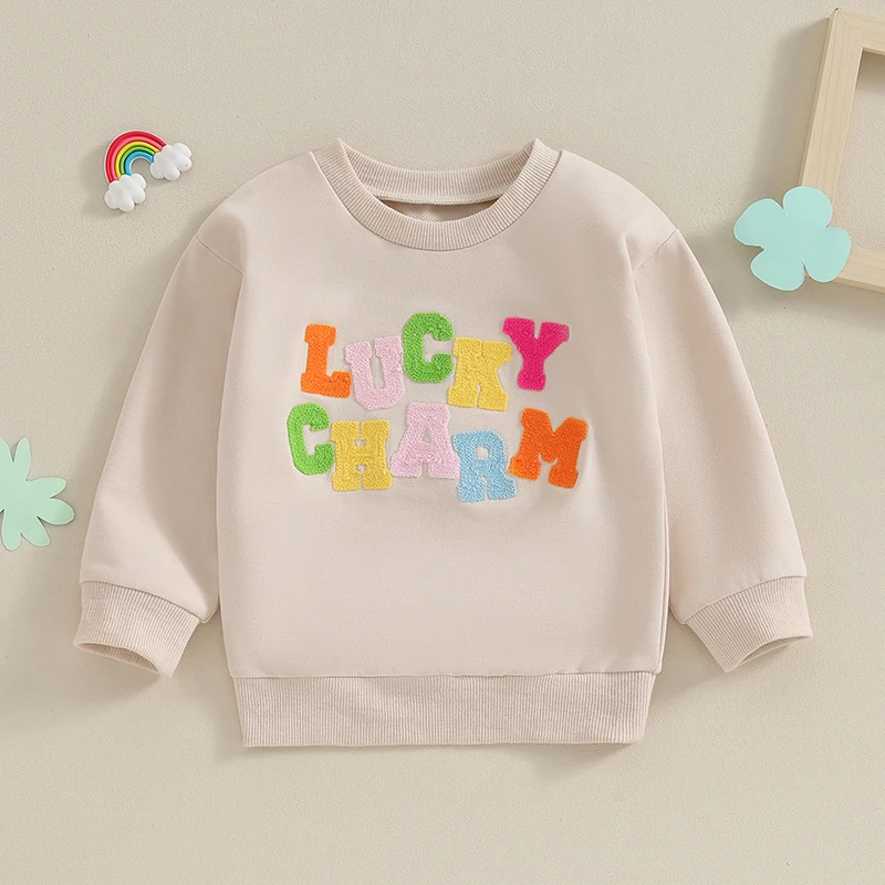 

2023-11-07 Lioraitiin Toddler Baby Girl Boy Sweatshirt St Patrick s Day Lucky Charm Embroidered Long Sleeve Clover Pullover Top