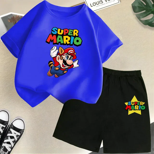 thumbnail image 1 of Conjunto de 2 piezas de camiseta y pantalones cortos de Mario de manga corta de verano para niños y niñas de 3 a 12 años, conjunto deportivo informal para niños, 1 of 5