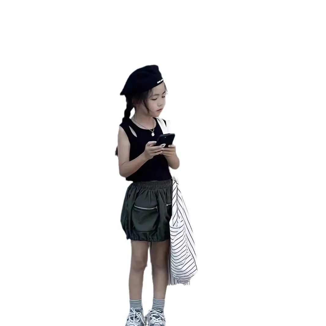 여아용 단색 탱크 탑, 짧은 오프 숄더 탱크 탑, 2024 여름 신상 아동복