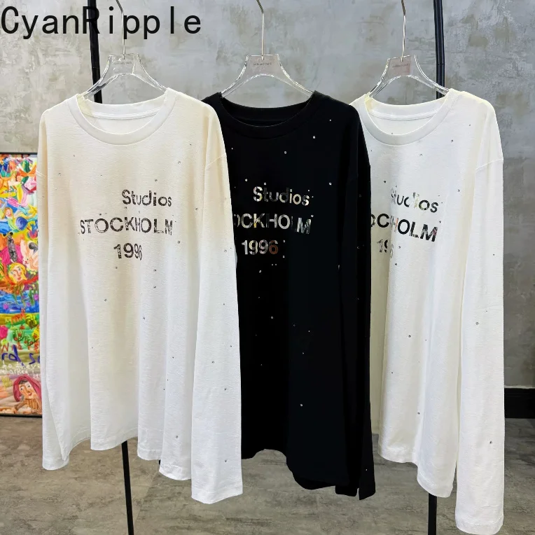 T-shirt décontracté à manches longues en coton de haute qualité, nouvelle collection printemps-été, avec lettres imprimées en strass, coupe ample, protection solaire 1