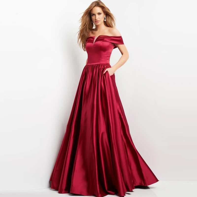 

Blue Sexy Boat Neck Evening Dress Cocktail 2023 Elegant Princess Ruched Prom Party Red Off Shouder Satin Morocco Robe De Soirée