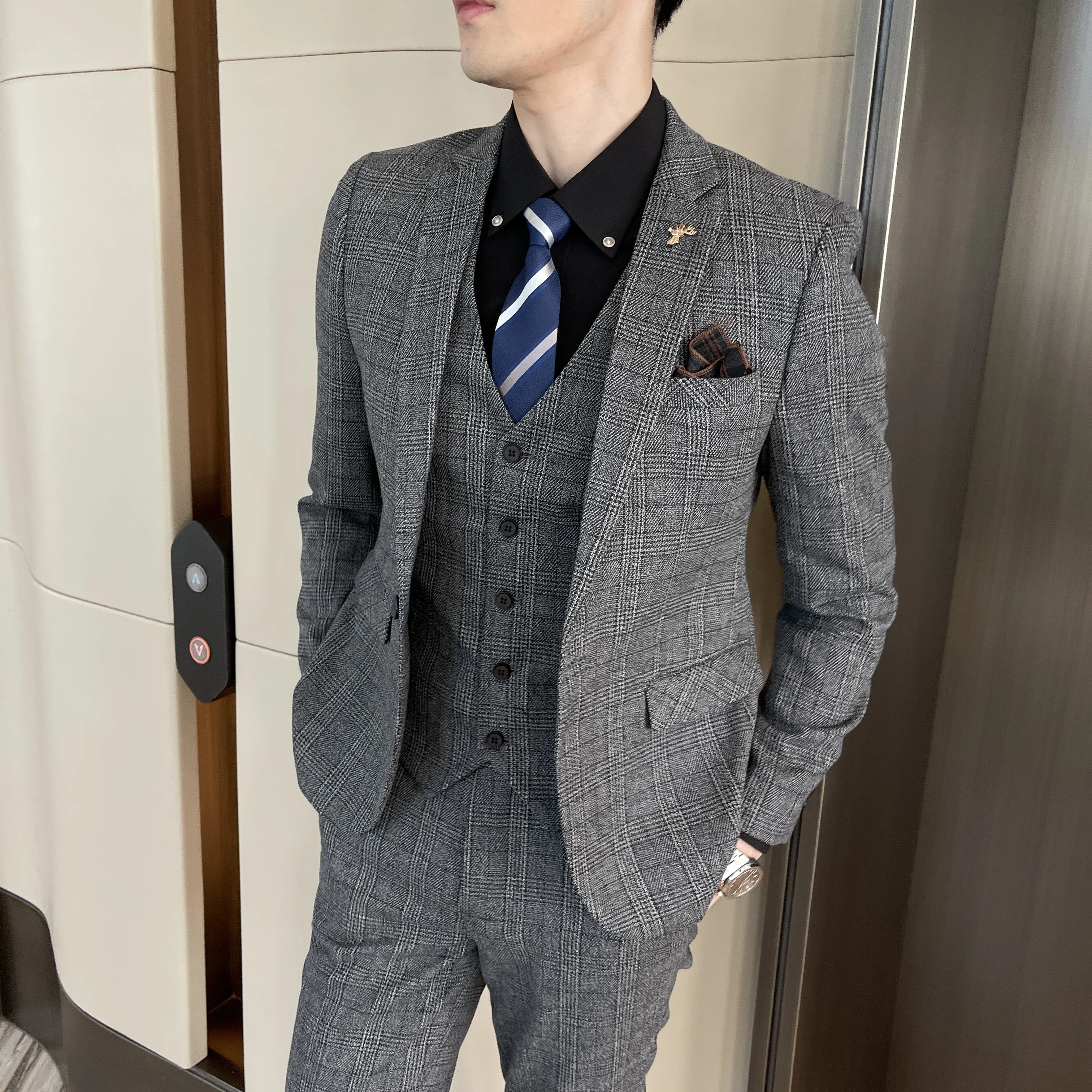 High quality fashion handsome all matching (suit + vest + trousers) leisure business trend boutique three-piece set