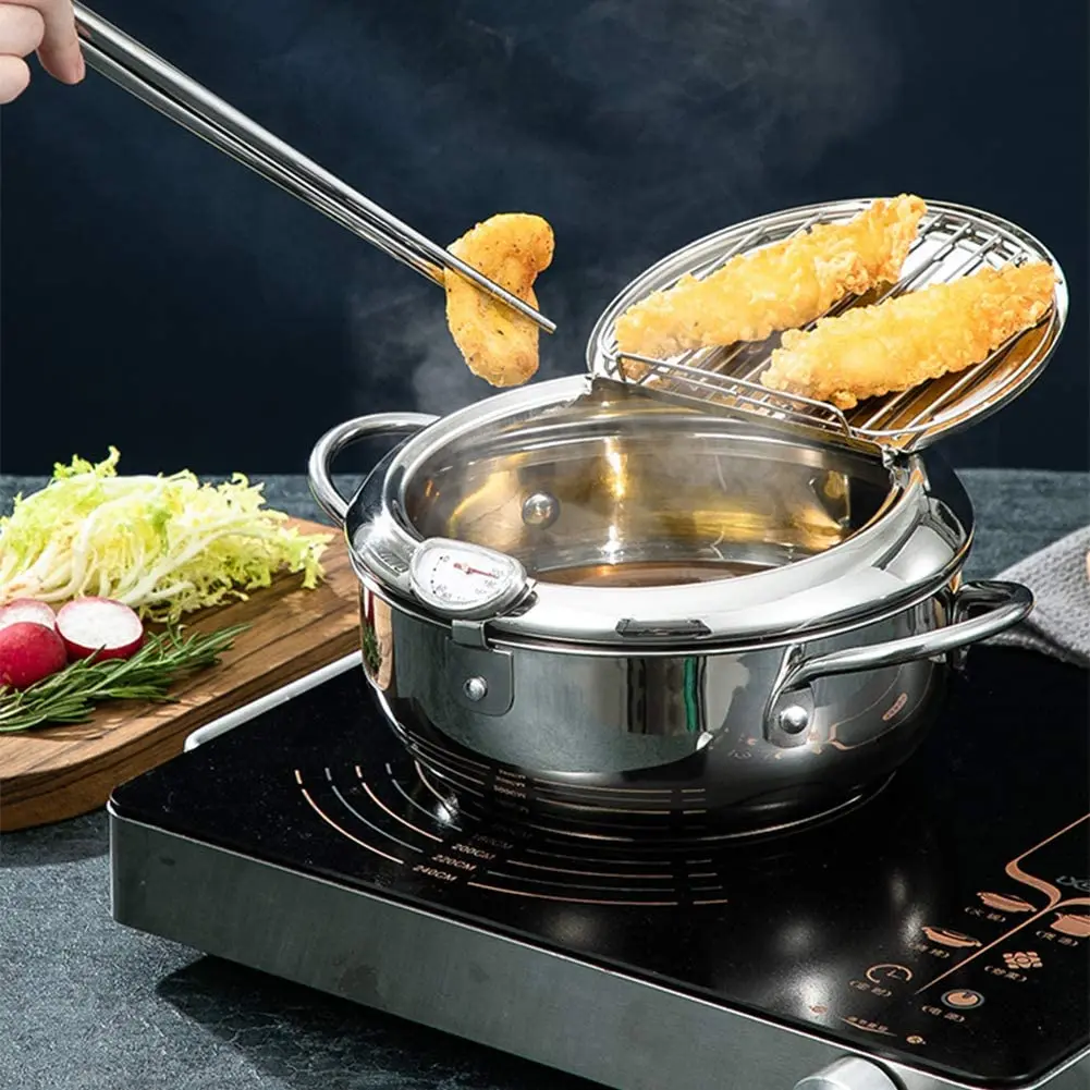 Deep Fryer Pot Stainless Steel Chip Pan Cooker with Degree Lid Frying Pot for Kitchen 20cm Kitchen Accessories 