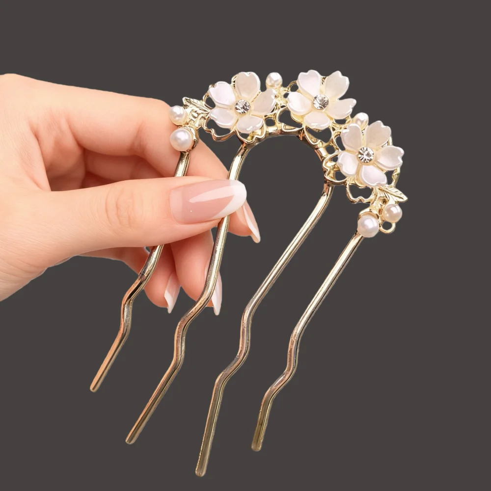 Metallische Perlen-U-förmige Haarkamm-Clips für Damen, Elegante Blumen-Haarspangen, Stilvolle Alltags-Haarnadeln, Hochzeits-Haarknoten-Accessoires – Detail 13