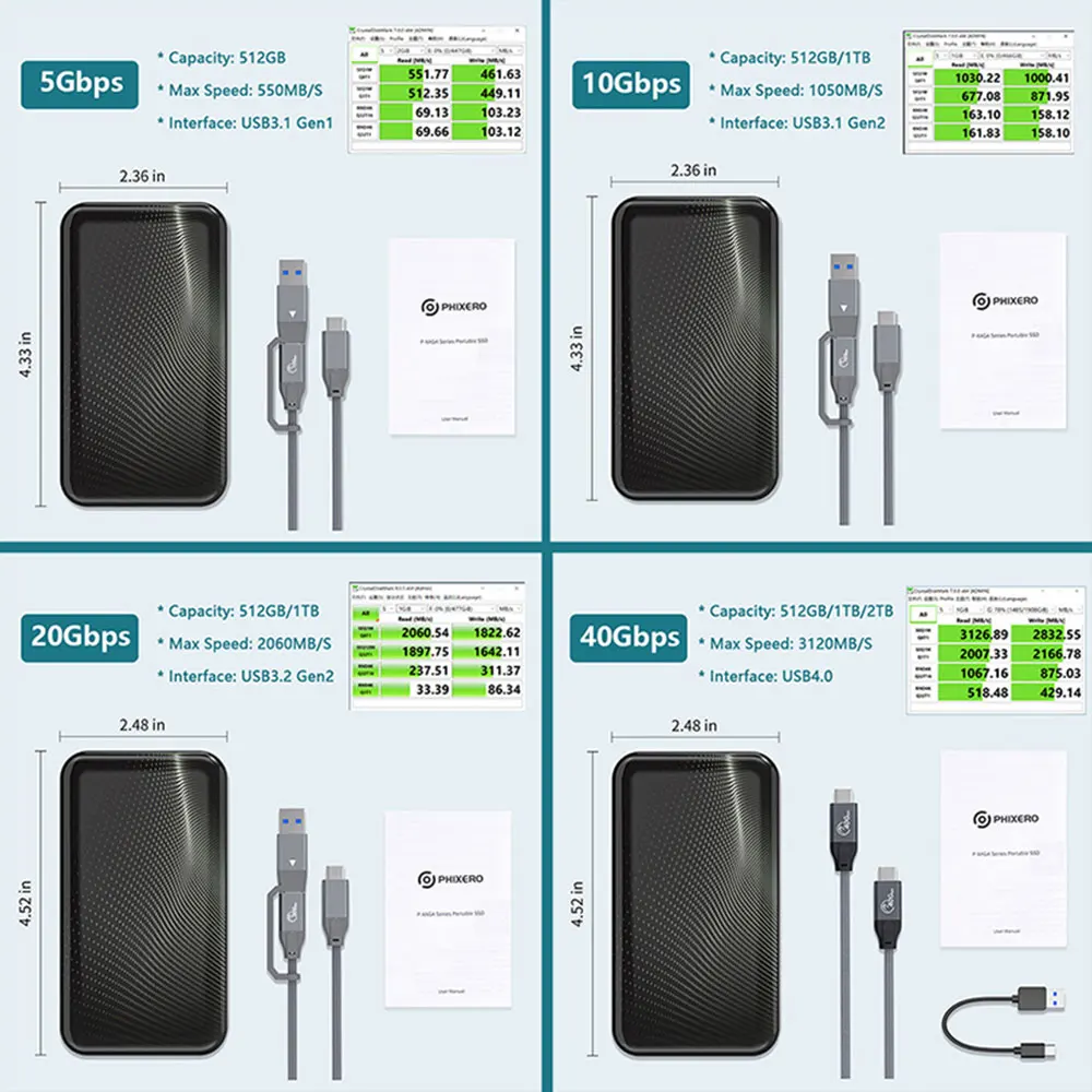 PHIXERO ޴ SSD  ϵ ̺ ũ, Xbox Ʈ ƮϿ, USB 3.2 C Ÿ ָ Ʈ ϵ ũ, 40Gbps 1 2 TB, 1T 2 T