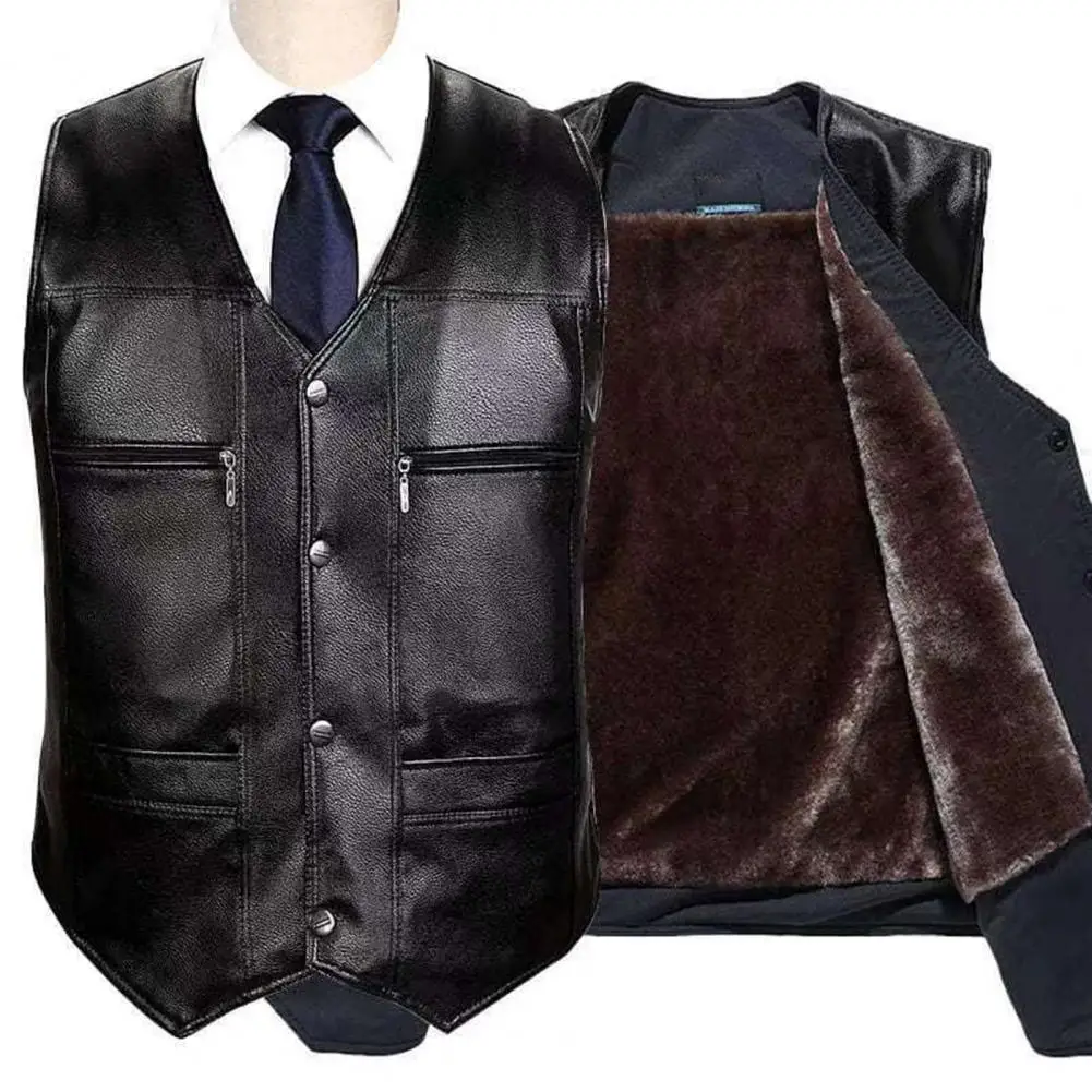 Description Picture 6 of itemMen Fall Winter Vest Faux Leather Thick Plush V Neck Multi Pockets Sleeveless Single-breasted Warm Windproof Solid Color Mid-age