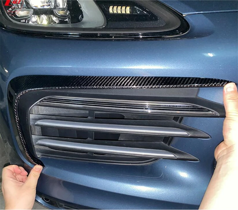 For Porsche Cayenne 9Y0 9Y3 2018 2019 20 2021 2022 Real Carbon Fiber Front Bumper Grill DRL Lip Spoiler Air Outlet Kit Splitter - - Racext 33