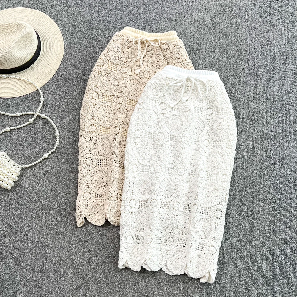 

Seaside Holiday Knitted Crocheted Hollow Skirt Mid-length Summer New Korean Version High-waisted Slimming Hip-length Skirt