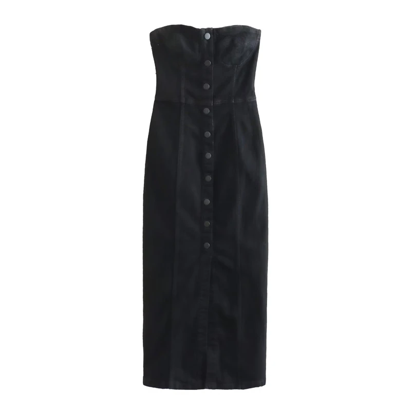

Summer New Style Fashion Tube Top Design Skinny Denim Dress Sexy Slim Single Breasted Hip Long Skirt