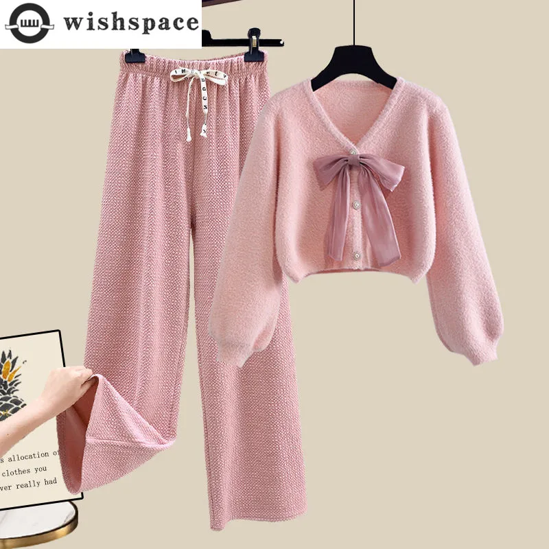 Korean Style Bow Knit Sweater Cardigan Casual Wide Leg Pants Two-piece Elegant Women\'s Pants Set Winter Tracksuit