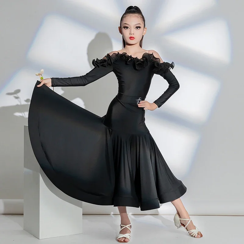 

Fashion Ballroom Dance Competition Dresses Girls Black Ruffled Latin Top Long Skirt Kids Stage Modern Dancing Clothes SL9105