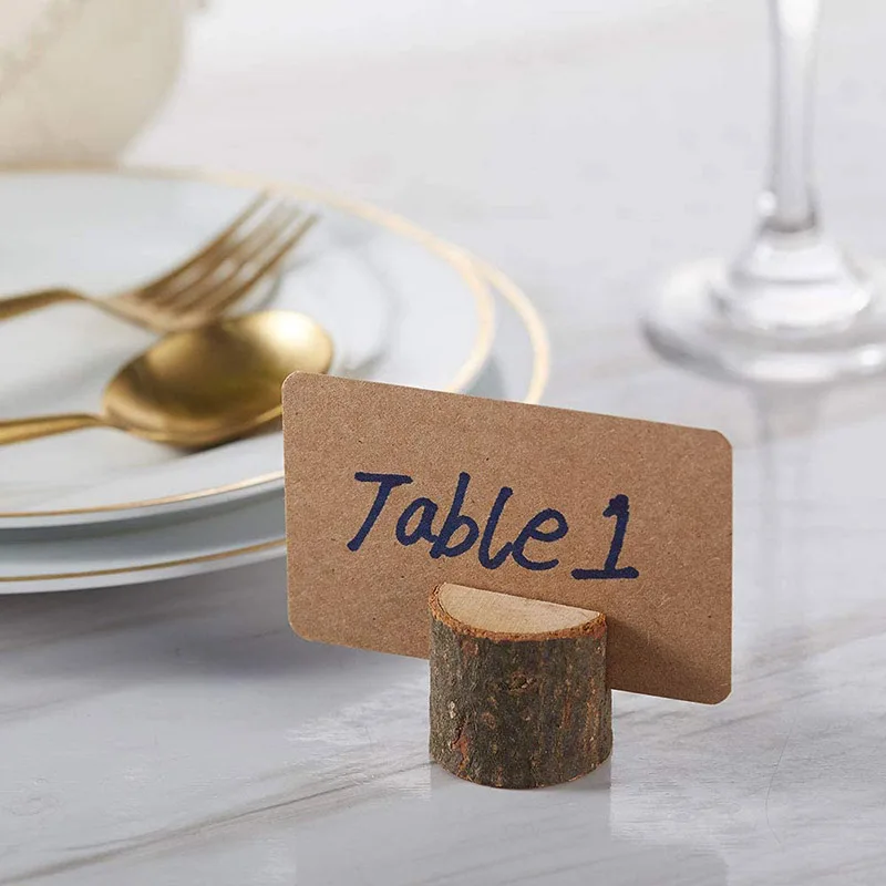 10 Pieces Rustic Wooden Place Card Holders with 10 Kraft Paper Cards Table Number Photo Holder for Wedding Party Decorations