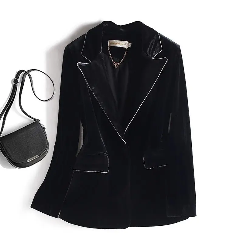 

High End Black Velvet Suit Jacket For Women's Spring And Autumn Minimalist Temperament Slim Fitting OL Trimmed Blazer Coat Z4482