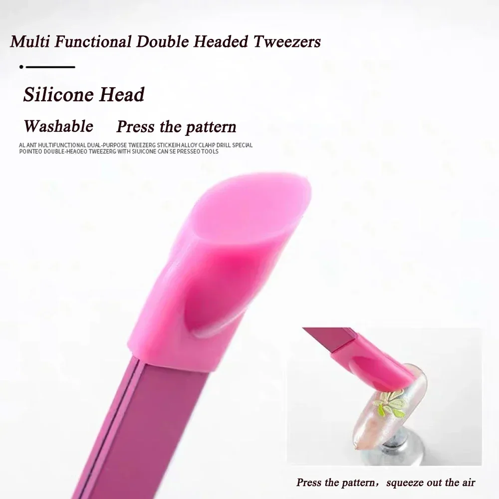 DoubleSlant Tip Headed Tweezers Stainless Steel Black/Pink Makeup Tool Silicone Press Head For Nail Stickers Eyelashes Tweezers