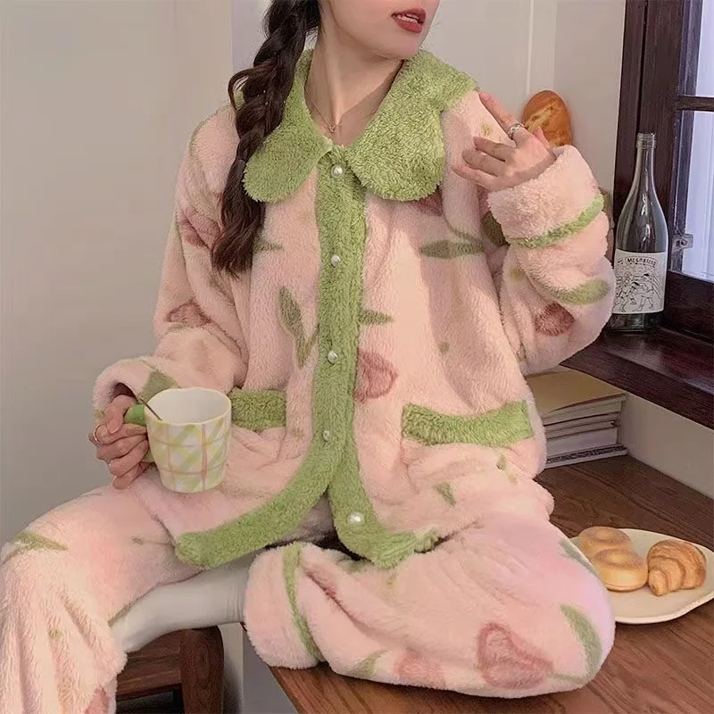 

Winter Coral Fleece Pajama Sets Women Thicken Warm Sleepwear Sweet Cute Girls Home Clothes Warm Pijamas Homewear Home Suit Femal