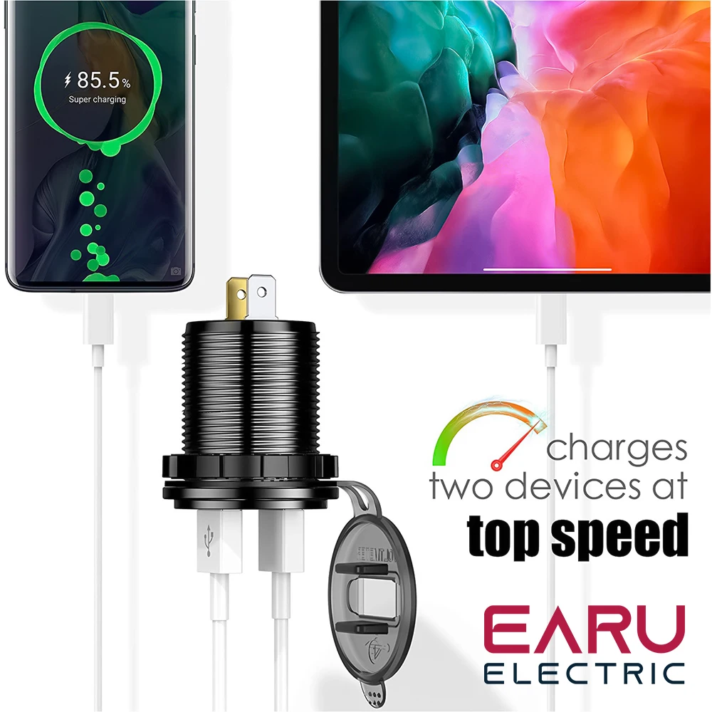 EARU Quick Charger Aluminum QC3.0 Dual USB Car Charger with Switch Button LED Voltage Display for 12V/24V Cars Boats Motorcycle - Image 3